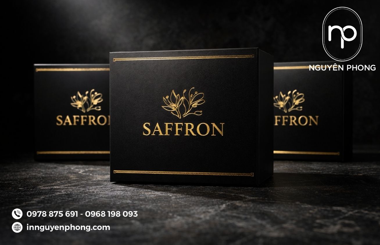 Mẫu hộp đựng saffron in ép kim logo 